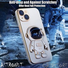 MTK Moveteck Iphone 7 Uyumlu Kılıf Kamera Lens Korumalı Astronut Standlı 6d Sevimli Parlak Gold Kenarlı Altın Şerit Işlemeli Silikon Gezegen Uzay Yeni Moda Astronot