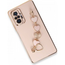 MTK Moveteck Xiaomi Redmi Note 10 Pro Kılıf Kamera Korumalı Parlak Gold Kenarlı Kalpli Bileklikli Tutacak Kapak