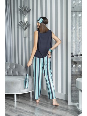 For You Sleepwear 2'li Çizgili Viskon Lacivert Atlet Pijama Takım S27233