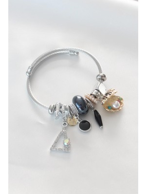 Clariss Siyah Renk Taş Midye Figür Çelik Charm Kadın Bileklik