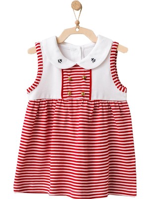 Andywawa Kız Bebek Kırmızı Çizgili Önlük Yaka Elbise  AC21669R