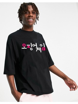 Unisex Squid Game Logo Oversize Tshirt Siyah