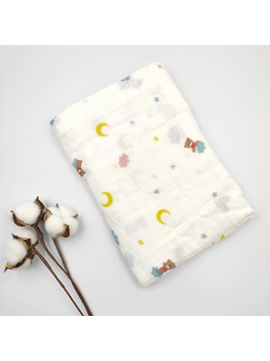 Bebek Star Müslin Örtü Ayı ve Bulut Desenli 110x110 cm