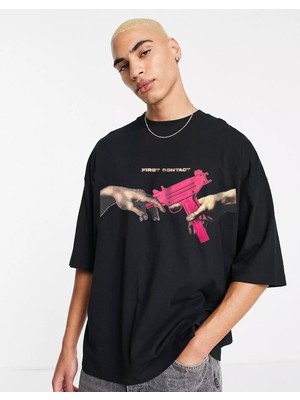 Unisex First Contact Uzi Oversize Tshirt Siyah