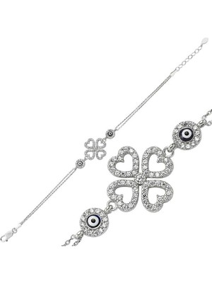 925 Gümüş Gümüş Kalpli Yonca Bayan Bileklik