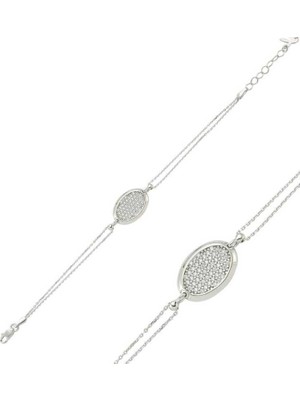 925 Gümüş Gümüş Oval Beyaz Taşlı Bayan Bileklik