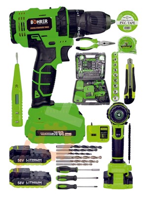 Böhrer Böhr 58V 5AH Darbeli Metal Şanzıman 32 Parça Full Set Green Çift Akülü Şarjlı Vidalama Matkap