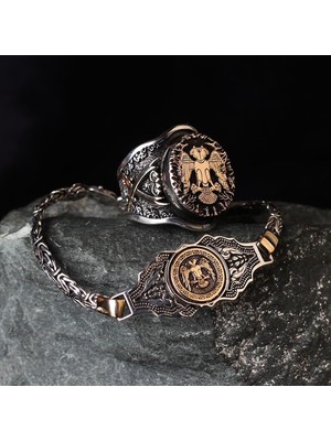 Takılingo 925 Ayar Gümüş Çift Başlı Selçuklu Kartalı Yüzük Kral Bileklik Set