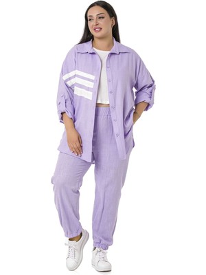 Disentis Modest Büyük Beden Gömlek Pantolon Keten Lila Takım