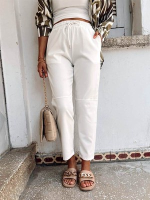 Enie Kadın Beyaz Beli Lastikli Kordon Detaylı Pantolon