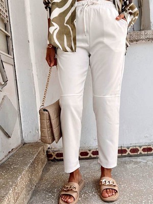 Enie Kadın Beyaz Beli Lastikli Kordon Detaylı Pantolon
