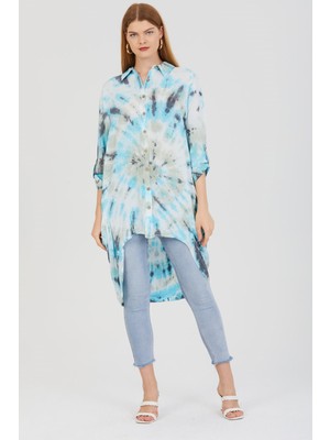 Luisido Turkuaz Batik Desenli Asimetrik Kesim Gömlek Tunik