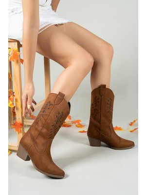 Riccon Taba Süet Kadın Çizme 00127001 Kısa Topuklu Rahat Tabanlı Şık Tasarım