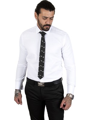 DeepSEA Beyaz Dik Yaka Slim Fit Kesim Pamuk Saten Erkek Gömlek 2209615