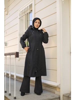 Vibeys Collection Siyah Su Geçirmez Kadın Kışlık Mont & Kaban Uzun Kol İçi Kürklü Model