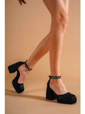 Siyah Saten Bilek Taşlı Platform Kadın Ayakkabı Sandy