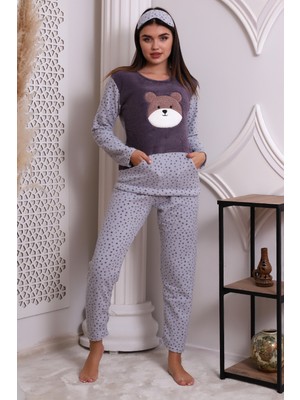 Wordex Fawn 3010 Peluş Welsoft Polar Kışlık Pandalı Cepli Kadın Pijama Takımı