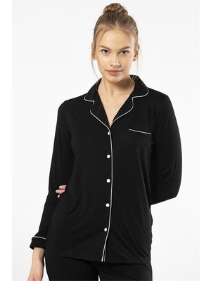 Türen 3365 Siyah Kadın Düz Uzun Kollu Gömlek Yaka Pijama Takım