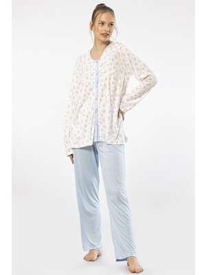 Türen 3367 Mavi Kadın Empirme Patlı Battal Uzun Kollu Pijama Takım