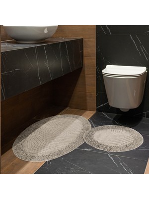 Faiend Geometrik Desen 2li Set Oval Banyo Paspas Takımı %100 Doğal Pamuklu Yuvarlak Paspas Klozet Takımı