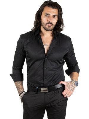 DeepSEA Siyah Dik Yaka Slim Fit Kesim Pamuk Saten Erkek Gömlek 2209615