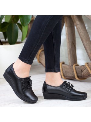 Kaof Shoes Kadın Ayzen Siyah Bağcıklı Babet Ayakkabı Anne Ayakkabı Günlük Ayakkabı Casual Ayakkabı