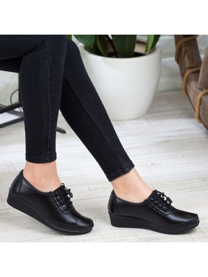 Kaof Shoes Kadın Ayzen Siyah Bağcıklı Babet Ayakkabı Anne Ayakkabı Günlük Ayakkabı Casual Ayakkabı