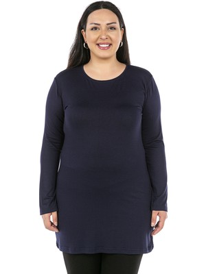 Disentis Modest Büyük Beden Yuvarlak Yaka Uzun Kollu Viskon Uzun Lacivert Body