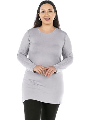 Disentis Modest Büyük Beden Yuvarlak Yaka Uzun Kollu Viskon Uzun Gri Body