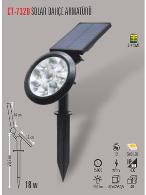 CT-7320 18W Solar Bahçe Armatürü Beyaz (6ADET) Cata