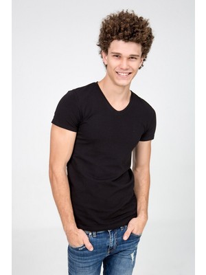 LTB Erkek V Yaka Basıc Slim Fit Siyah T-shırt
