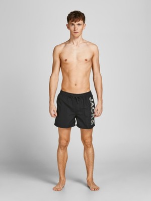 Jack & Jones 12203826_Jpstcrete Jjswim Akm Logo Normal Bel Düz Siyah Erkek Şort Mayo