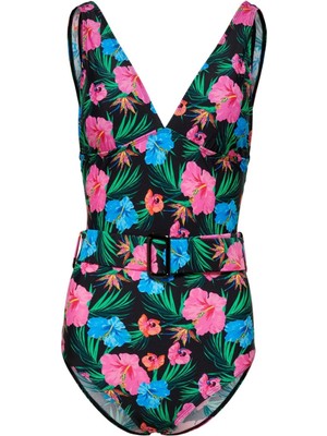 Only Onlcindy Belt Swimsuit-1 Normal Kalıp Desenli Siyah Kadın Mayo