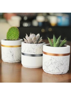 Bigcraft Mermer Desen Silindir,geometrik Beton Saksılık Kaktüs ve Sukulentlik 3'lü Set