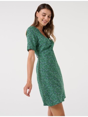 Jimmy Key Kadın Yeşil Düz Kesim V Yaka Çiçek Desenli Midi Elbise