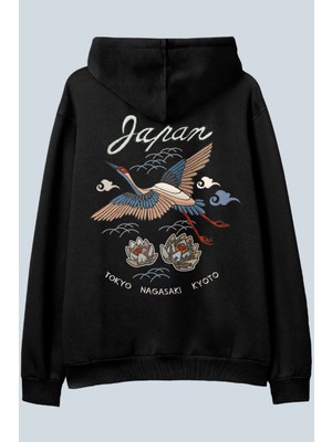 AyveGa Japan Crane Siyah Oversize  Kapüşonlu Sweatshirt Hoodie