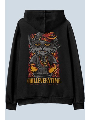 AyveGa Chill Everytime Siyah Oversize  Kapüşonlu Sweatshirt Hoodie