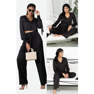 for you in&out 5'li İçeride&Dışarıda Kol Baglama Detaylı Siyah Pijama Takım S27247
