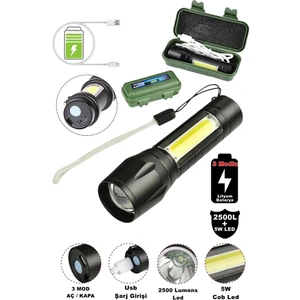 Yeni Model 2500 Lumens + 5W Cob LED USB Lion Şarjlı Ultra Güçlü Su Geçirmez Şarjlı El Feneri