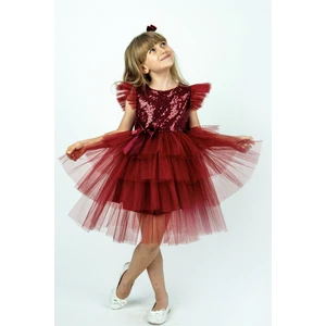 Buse & Eylül Bebe Bordo Pullu Kız Çocuk Parti Elbisesi