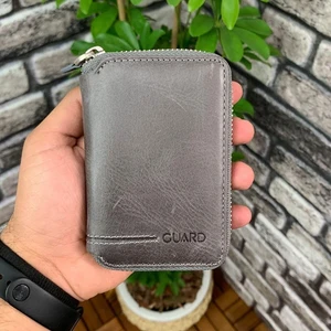 Hakiki Deri Antik Gri Fermuarlı Mini Erkek Cüzdanı (T484)