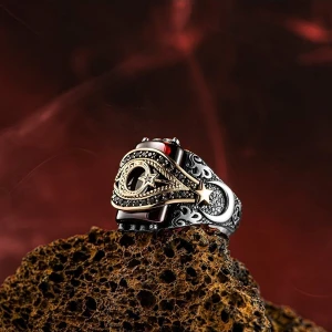 Kemerli Ay Yıldız Taşlı 925 Ayar Gümüş Erkek Yüzük