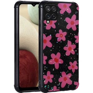 Samsung Galaxy M33 Uyumlu Kılıf Simli Kalpli ve Çiçekli Desenli Parlak Tasarım Soft Kılıf