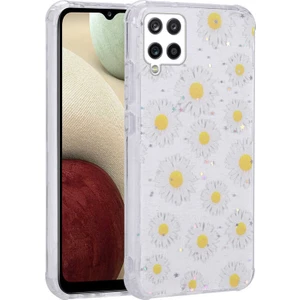 Samsung Galaxy M33 Uyumlu Kılıf Simli Kalpli ve Çiçekli Desenli Parlak Tasarım Soft Kılıf