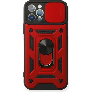 Aqua Aksesuar iPhone 12 Pro Kılıf Kamera Korumalı Sürgülü Yüzüklü Armor Military Zırh Tank - Kırmızı