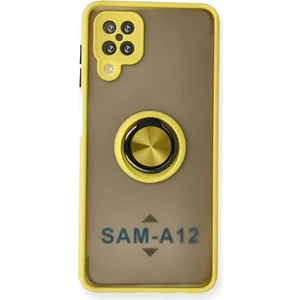 Aqua Aksesuar Samsung Galaxy A12 Kılıf Standlı Yüzüklü Buzlu Tasarım Arka Kapak - Sarı