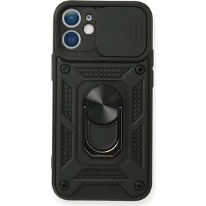 Aqua Aksesuar iPhone 12 Kılıf Kamera Korumalı Sürgülü Yüzüklü Armor Military Zırh Tank - Siyah