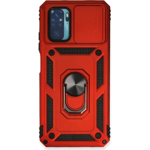 Aqua Aksesuar Xiaomi Redmi Note 10S Kılıf Kamera Korumalı Sürgülü Yüzüklü Armor Military Zırh Tank - Kırmızı