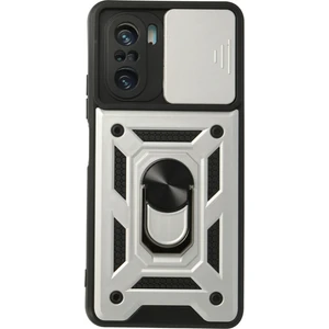 Aqua Aksesuar Xiaomi Redmi K40 Pro Kılıf Kamera Korumalı Sürgülü Yüzüklü Armor Military Zırh Tank - Gümüş