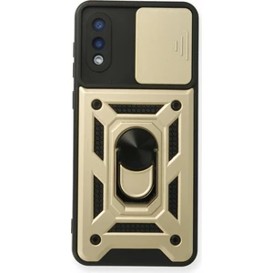 Aqua Aksesuar Samsung Galaxy A02 Kılıf Kamera Korumalı Sürgülü Yüzüklü Armor Military Zırh Tank - Gold